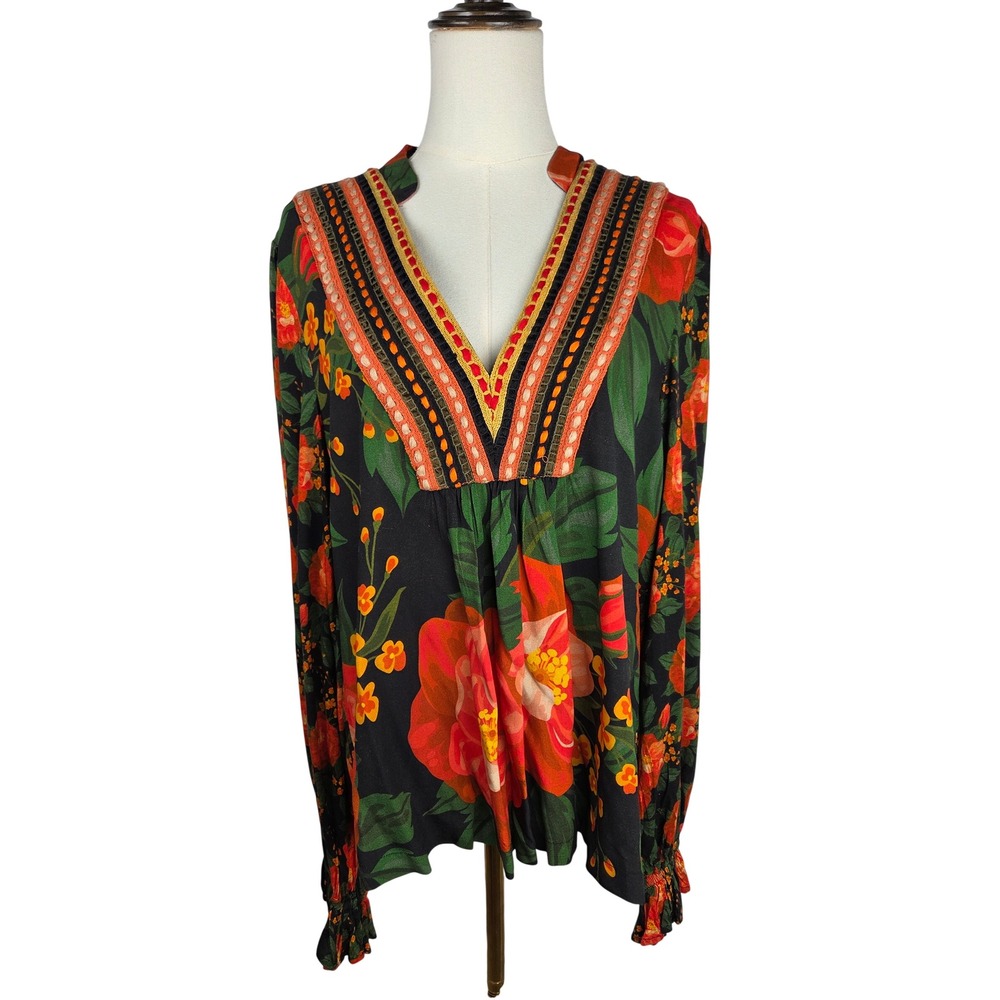 Blank London Anthropologie Stephanie Floral Embroidered Top M Black Red Boho